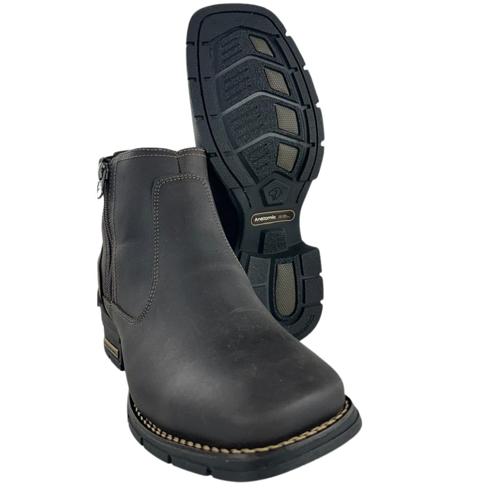 Botina Texana Masculina Anatomic Gel Bico Quadrado Couro Mustang Brown Cost Café 2 Ziper Sola Austin Preta - REF:9709