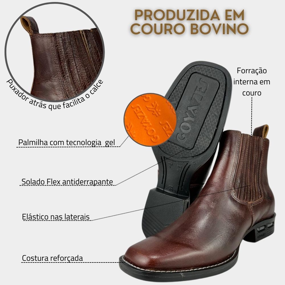 Botina Texana Masculina Goyazes Bico Quadrado Air Couro Mustang