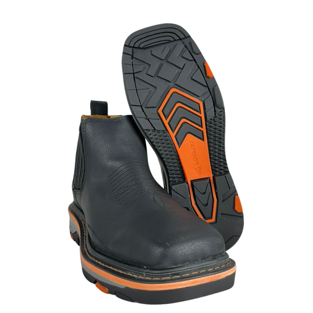 Botina Texana Masculina Goyazes Bico Quadrado Work Preto Couro Bison Preto Solado Preto/Laranja Ref:2574101-CK-01