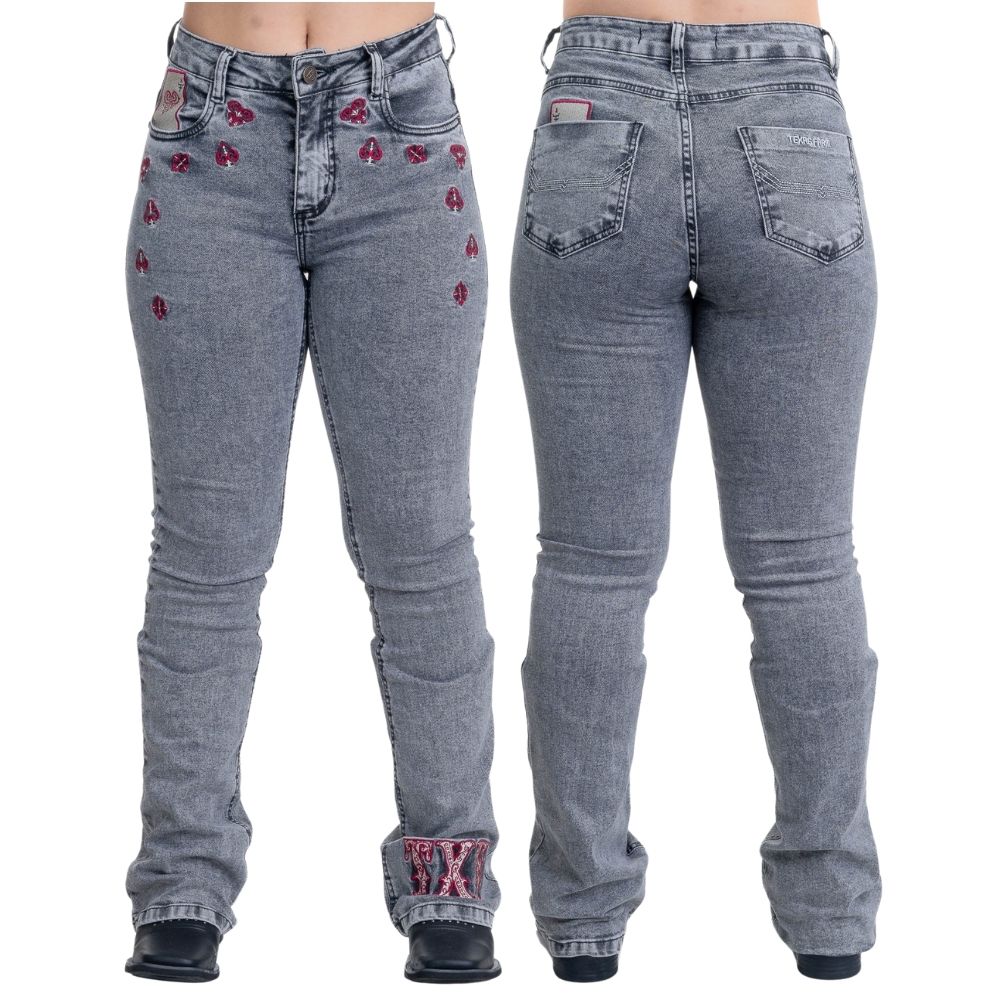 Calça Feminina Texas Farm Jeans Preto Stonado Flare Deck Com Bordados De Baralho Em Vermelho REF: PDF048