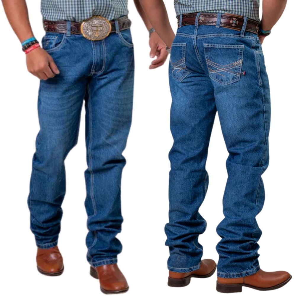 Calça Masculina Texas Farm Higway Jeans Escuro Com Bordado Bege E Marrom Ref:PDM040