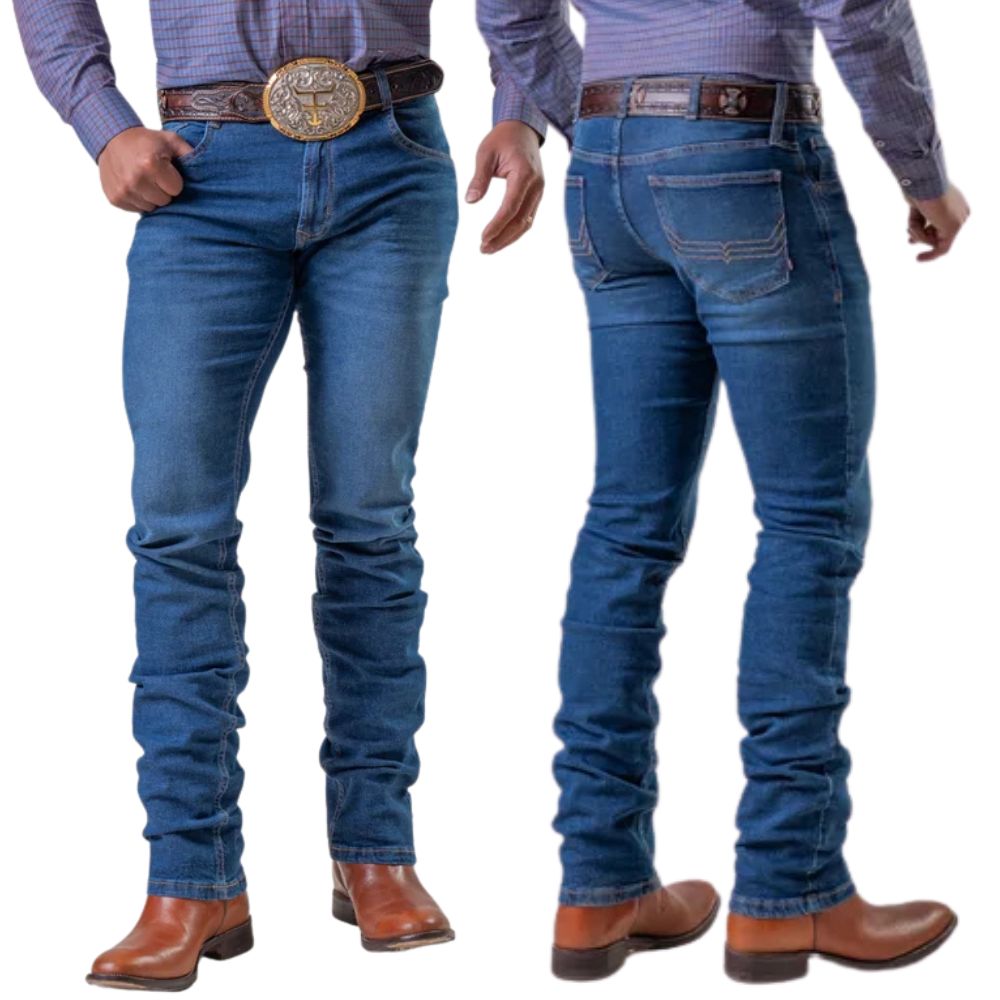 Calça Masculina Texas Farm Vintage Azul Escuro Com Bordado Marrom Ref: PDM038