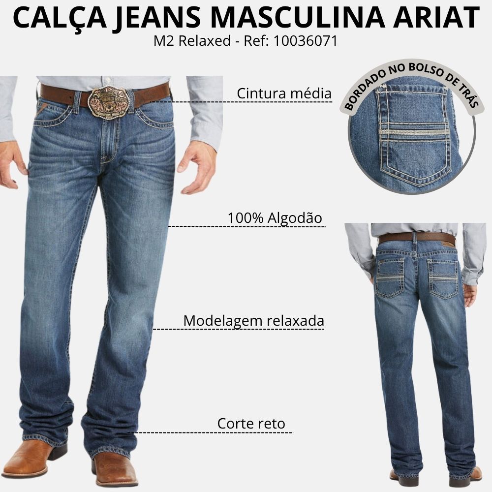Calça Masculina Ariat Jeans Azul Médio M2 Tradicional Relaxed