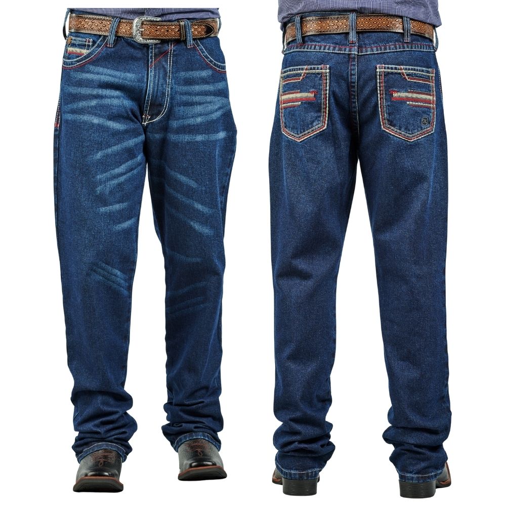 Calça Masculina Dock's Jeans Azul Relaxed DW11 Xtreme Silver Slim Com Bordado Branco e Vermelho Ref 0444-005