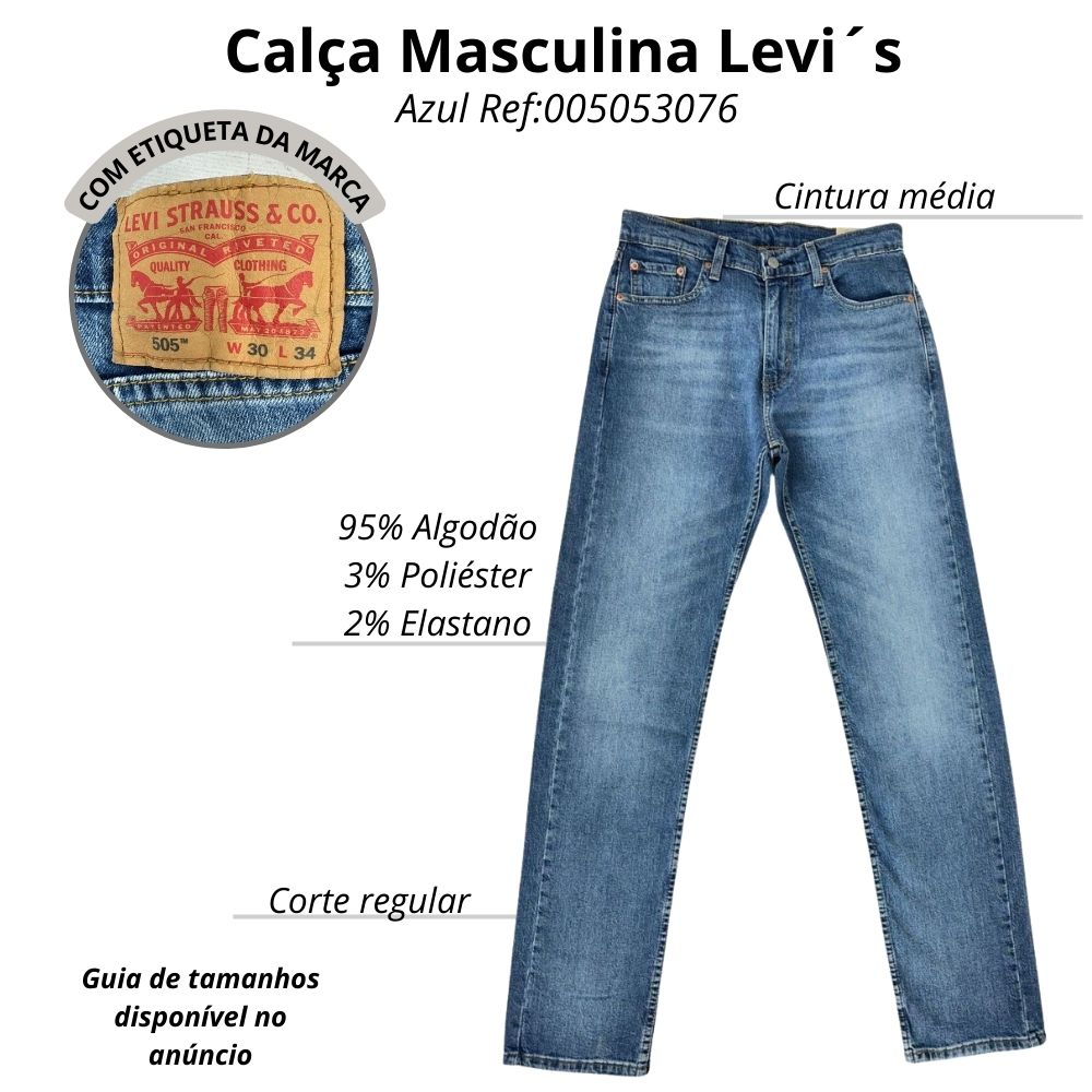 Calça Masculina Levi's 505 Regular Stretch Azul Médio Ref