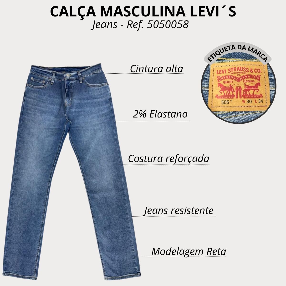 Calça Masculina Levi's Jeans Azul Delavê 505 Regular Stretch Ref