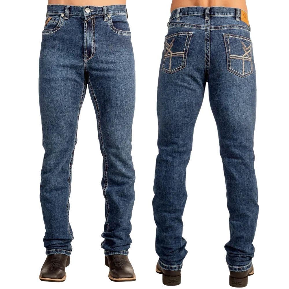 Calça Masculina Ox Horns Jeans Azul Médio Com Elastano E Bordado Bolsos Ref:2715