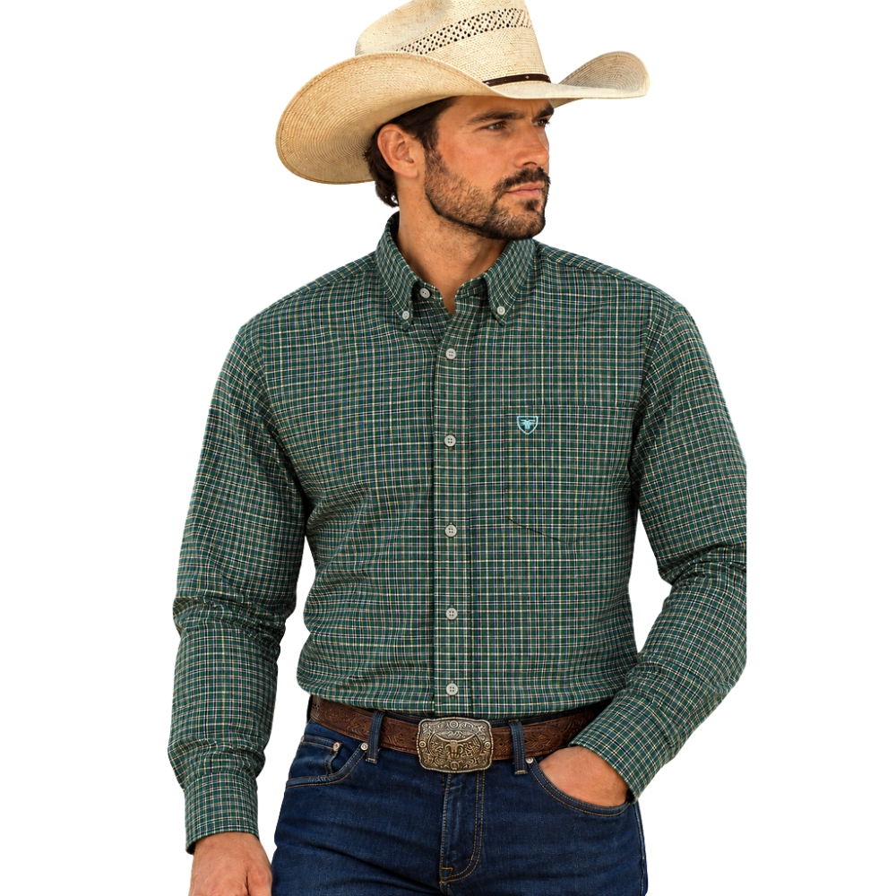 Camisa Masculina Radade Xadrez Verde Escura Manga Longa Logo Azul