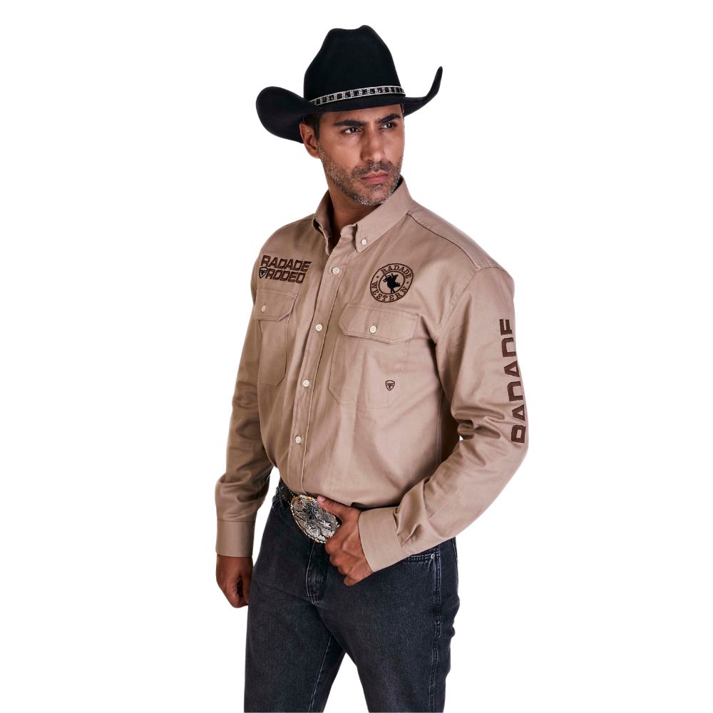 Camisa Country Masculina Radade Bordada New Western Marrom Claro