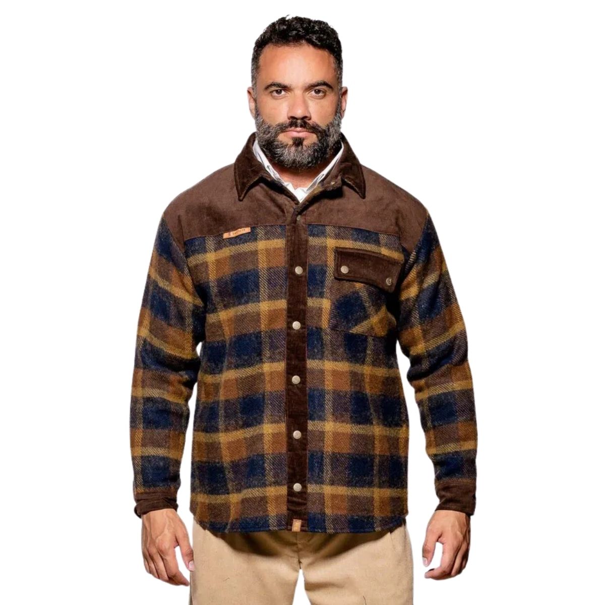 Camisa Em Lã Masculina Térmica Santa Fé Lenhador Xadrez Azul E Marrom Ref:01