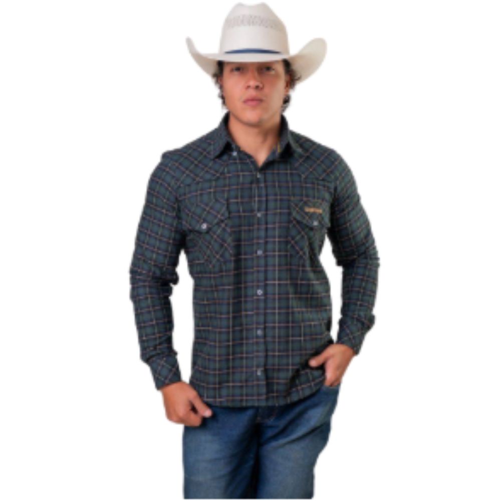 Camisa Masculina Texas Farm Flanelada Western Xadrez Verde Caramelo - Ref:CAL652