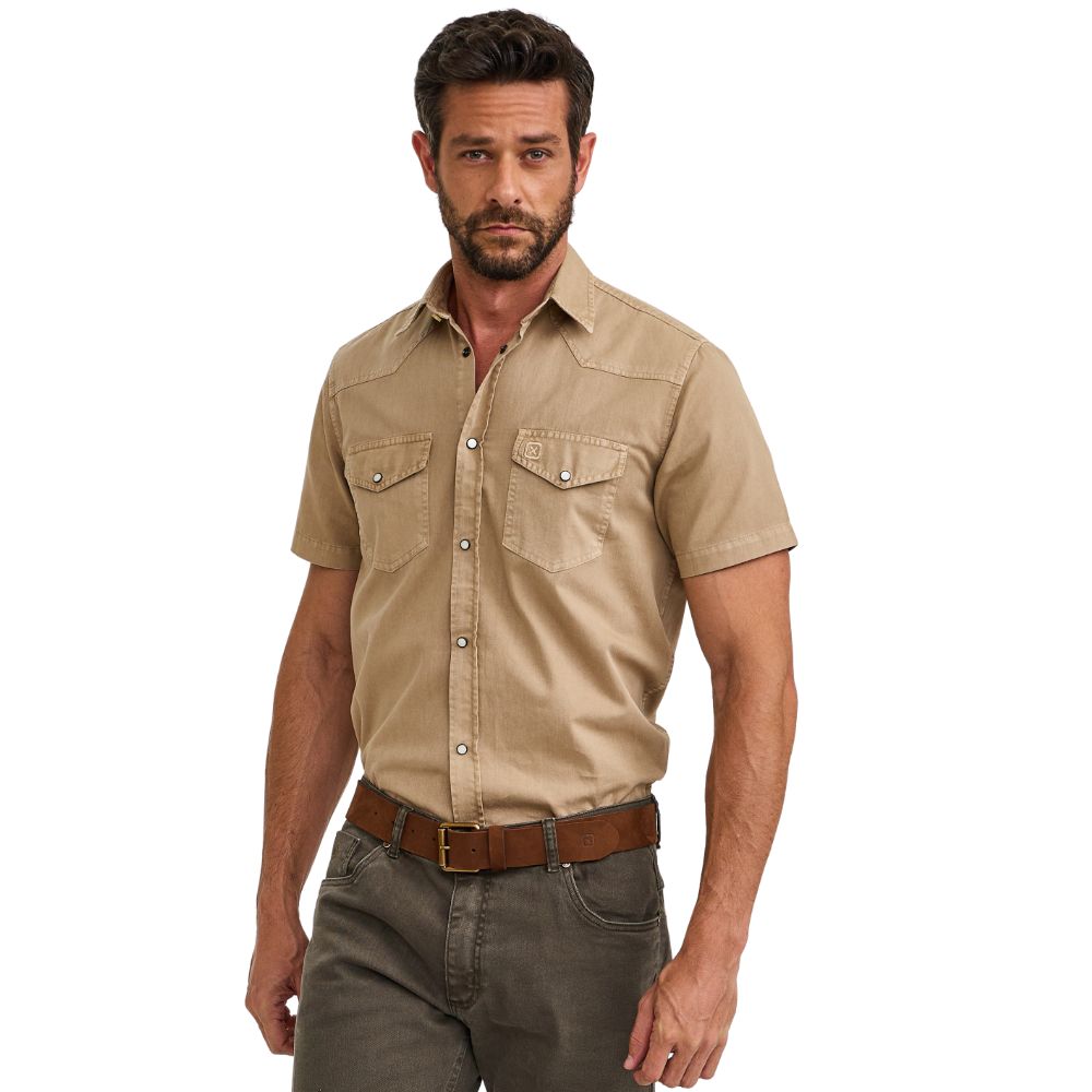 Camisa Masculina TXC Manga Curta Worker Sarja Bege Bolsos E Logo Bordado - Ref:29223C