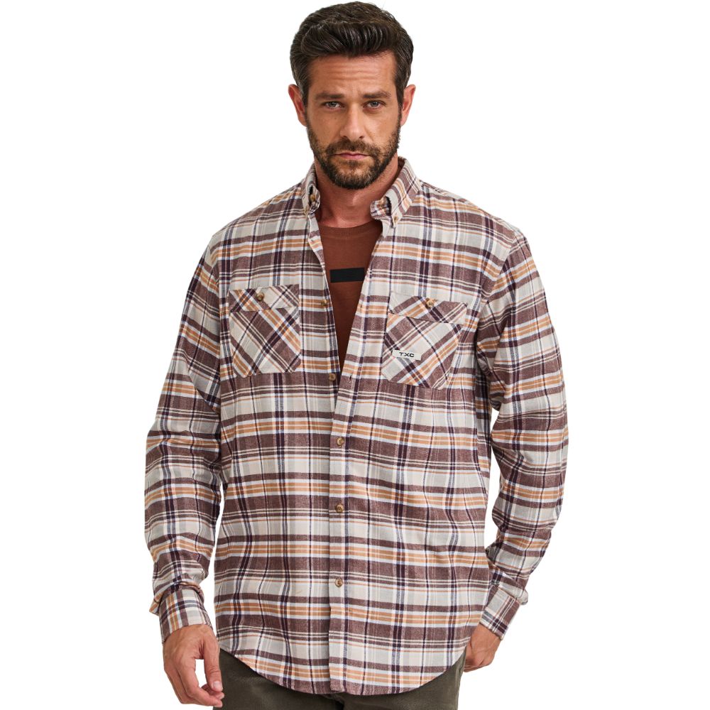 Camisa Masculina TXC Regular Flanelada Xadrez Manga Longa Marrom/Laranja - Ref:29460L