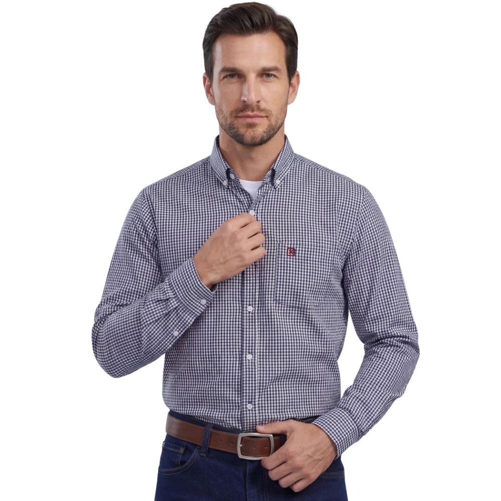 Camisa Masculina TXC Tricoline Manga Longa Xadrez  X2 Azul Logo Vermelho= - Ref:2705L
