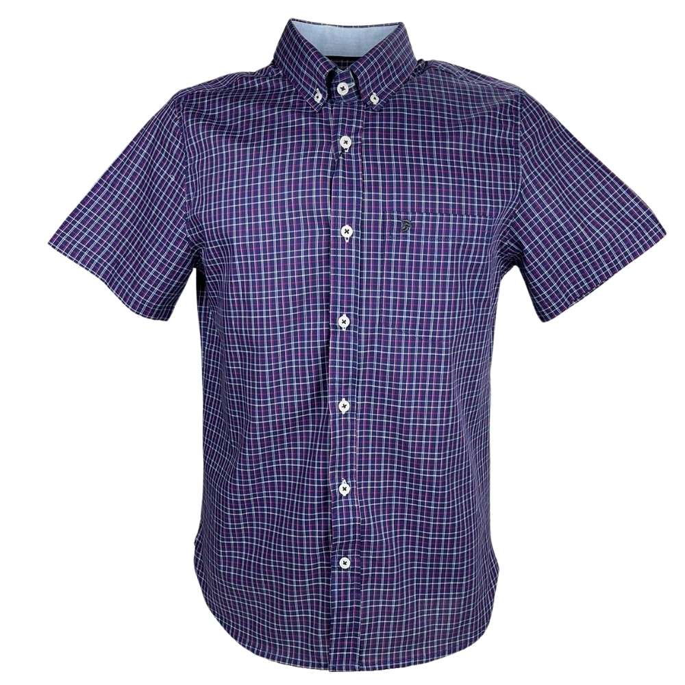 Camisa Masculina Aurochs Manga Curta Com Bolso Xadrez Roxo/Branco C/ Logo Bordado Preto