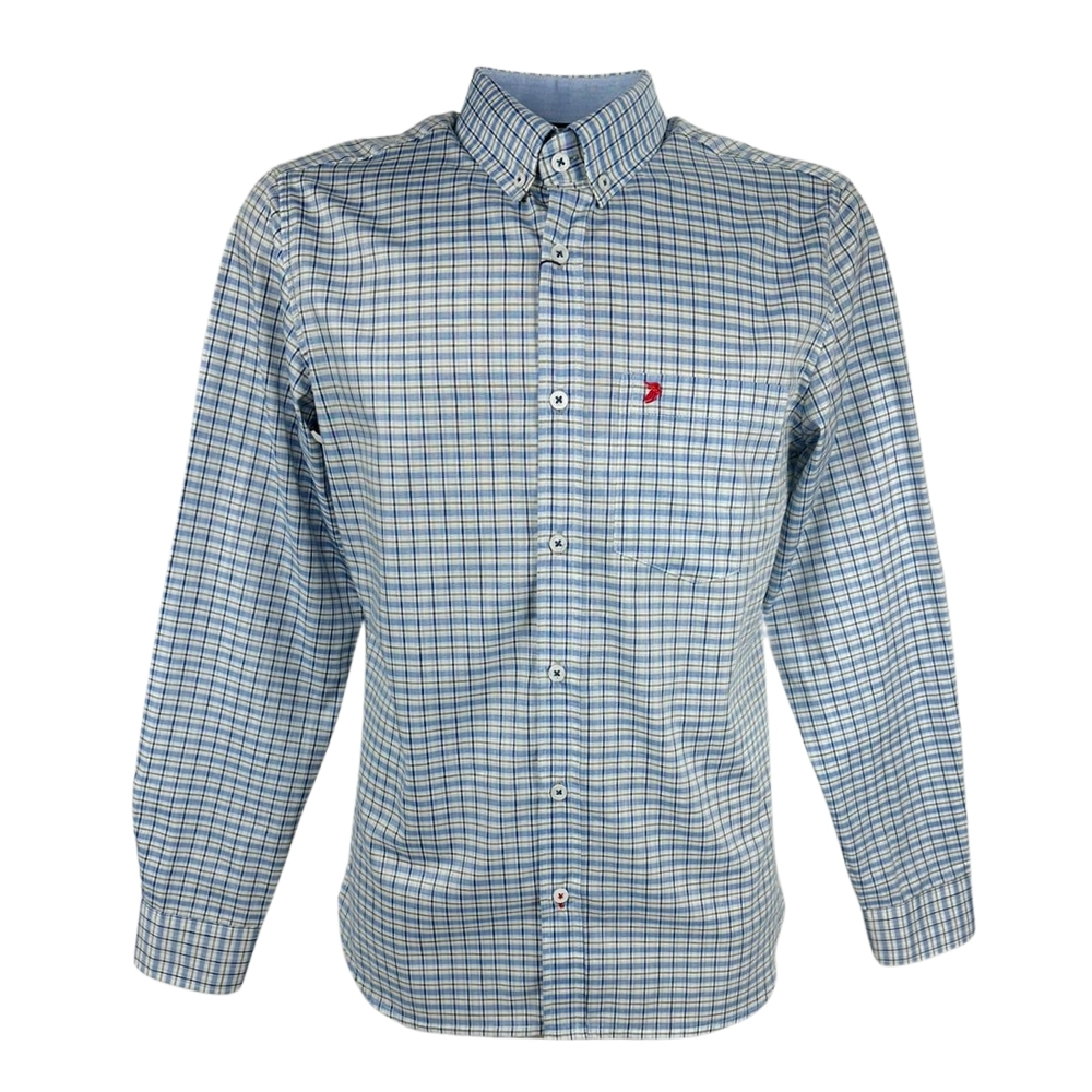 Camisa Masculina Aurochs Manga Longa Com Bolso Xadrez Azul Claro/Cinza E Logo Bordado Vermelho