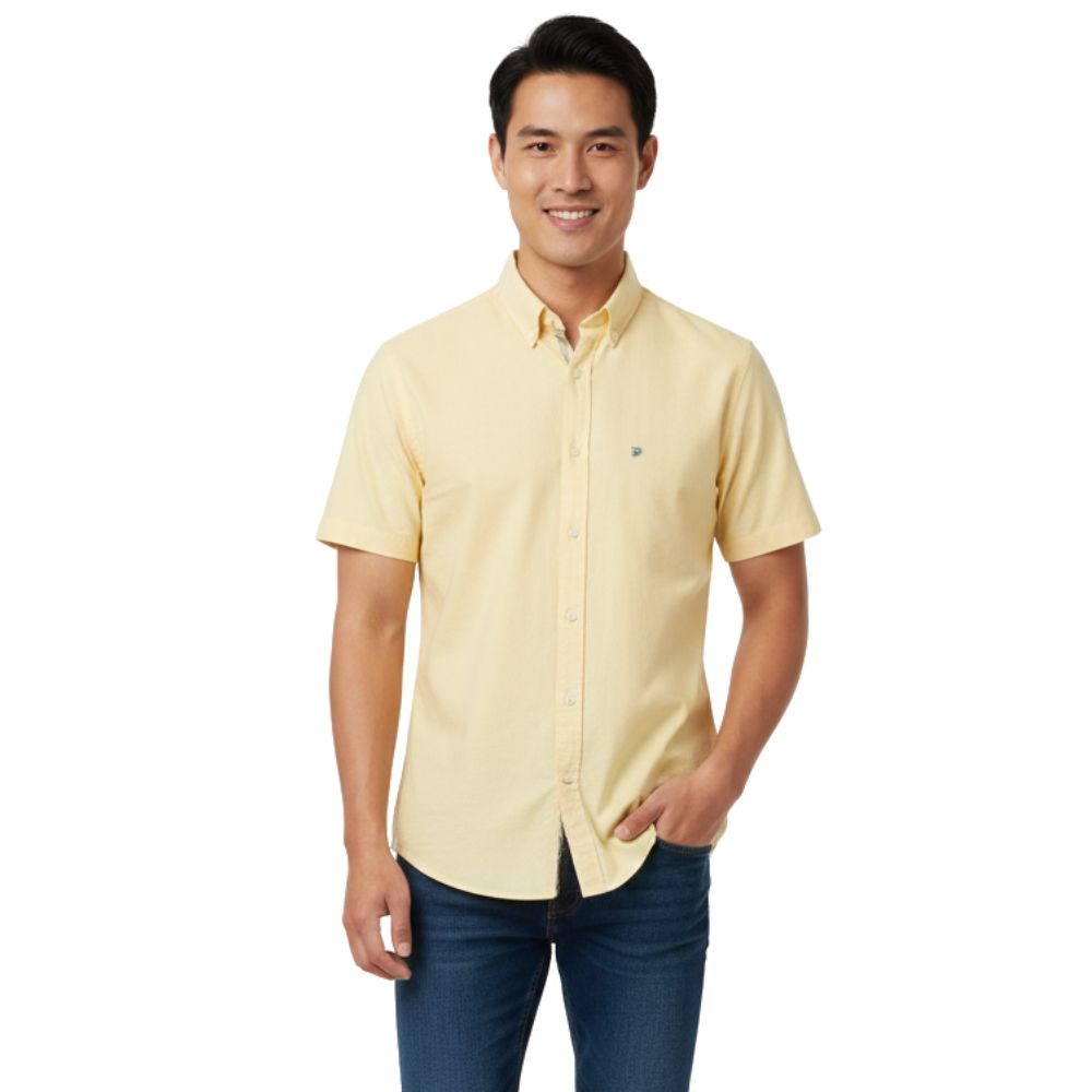 Camisa Masculina Aurochs Manga Curta Curta Sarja Lisa Amarelo Com Logo Bordado No Bolso Chumbo Ref:021