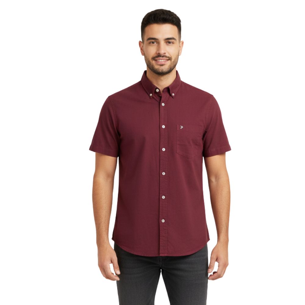 Camisa Masculina Aurochs Manga Curta Curta Sarja Lisa Vinho Com Logo Bordado No Bolso Cinza Escuro Ref:817
