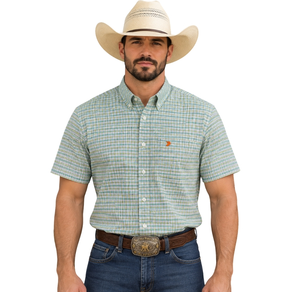 Camisa Masculina Aurochs Manga Curta Xadrez Amarelo/Verde Logo Laranja REF:058