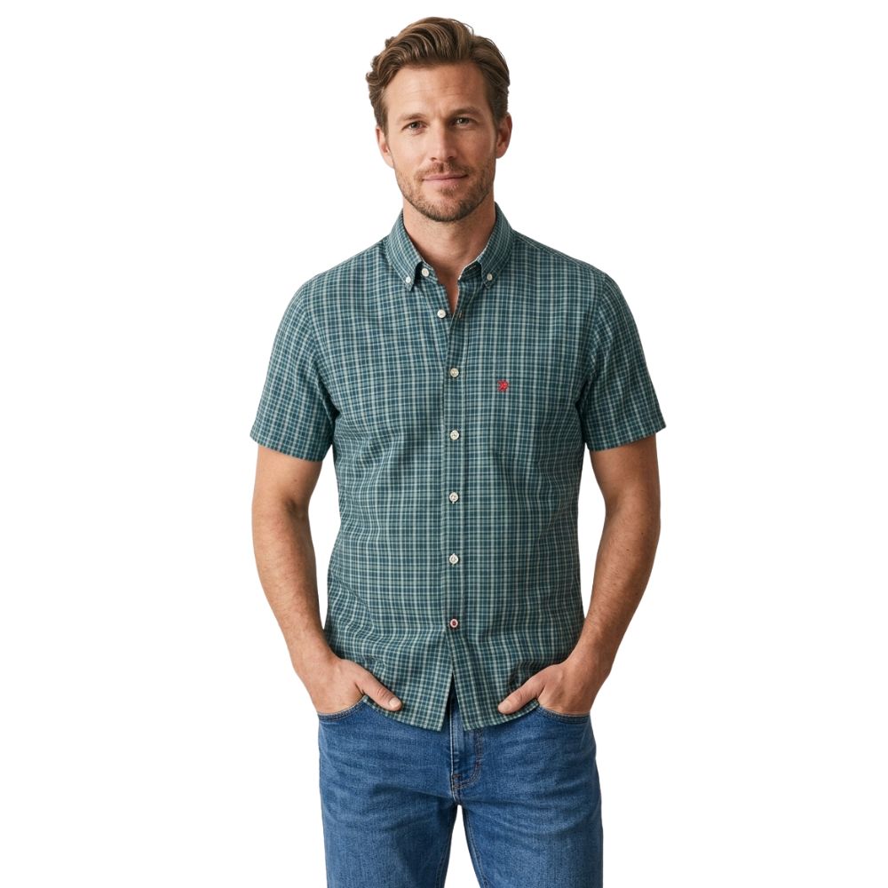 Camisa Masculina Aurochs Manga Curta Xadrez Verde Com Logo Bordado Vermelho No Bolso Ref:063