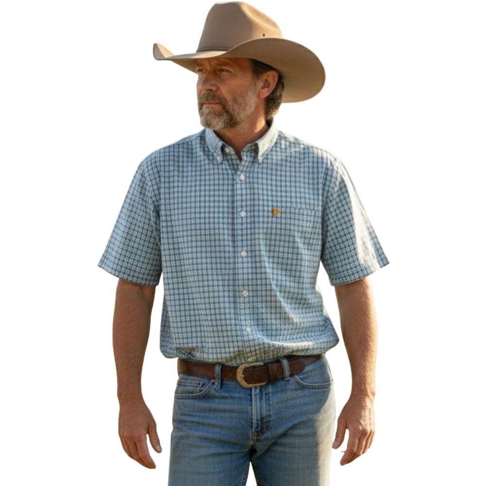 Camisa Masculina Aurochs Manga Curta Xadrez Verde Musgo Bolso Com Bordado Dourado Ref: 123448