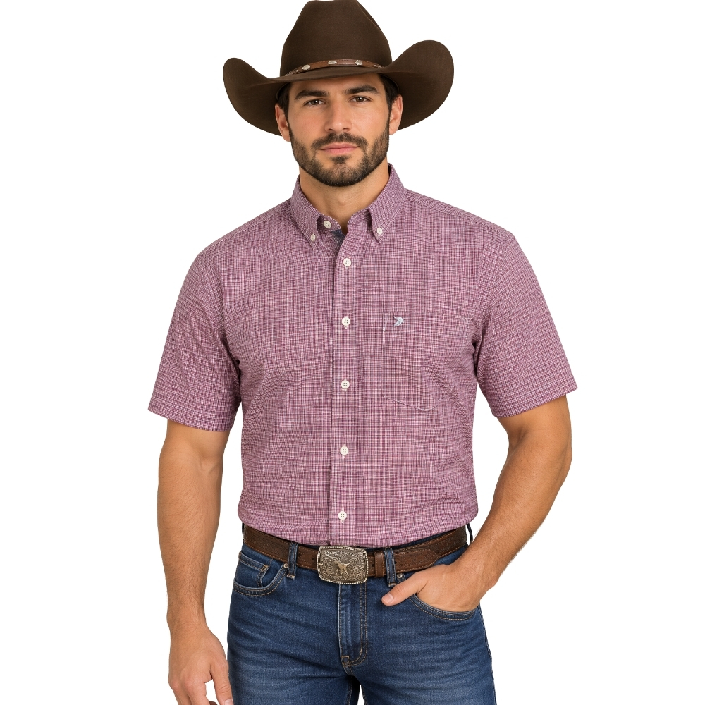 Camisa Masculina Aurochs Manga Curta Xadrez Vermelho Claro/Azul E Cinza Logo Cinza Claro REF:072