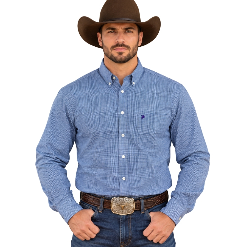 Camisa Masculina Aurochs Manga Longa Xadrez Azul E Rosa Logo Roxo REF:1027