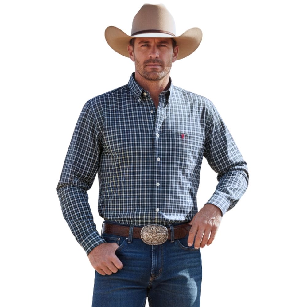 Camisa Masculina Aurochs Manga Longa Xadrez Azul Marinho/Branco Bolso Bordado Vermelho Ref: 12499