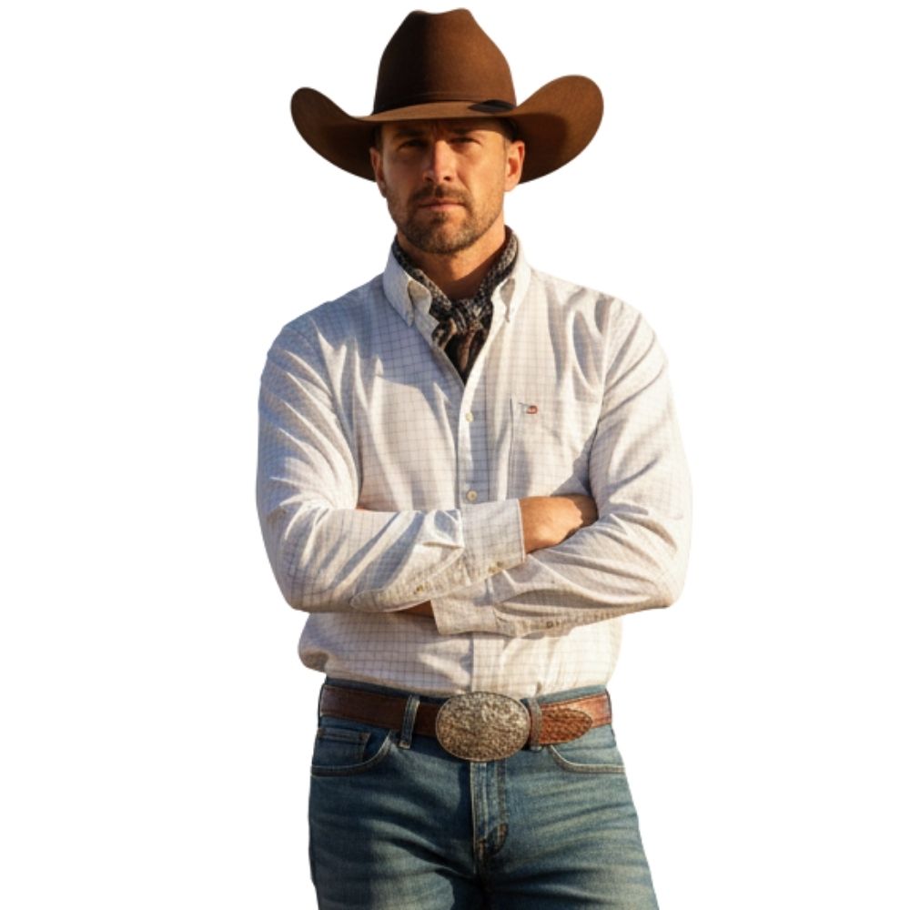 Camisa Masculina Aurochs Manga Longa Xadrez Branco/Cáqui Bolso Bordado Cáqui Ref: 057