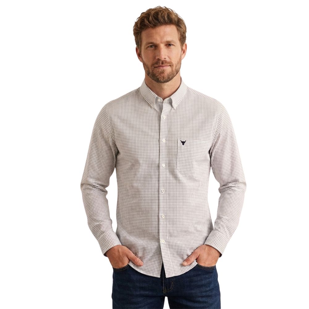 Camisa Masculina Aurochs Manga Longa Xadrez Branco E Preto Com Logo Bordado Azul Marinho No Bolso Ref:070