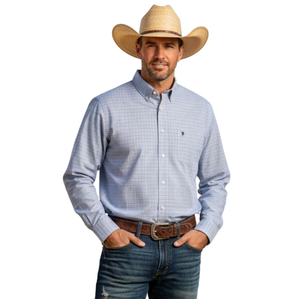 Camisa Masculina Aurochs Manga Longa Xadrez Pequeno Azul Claro/Cinza Bordado Chumbo Ref: 055