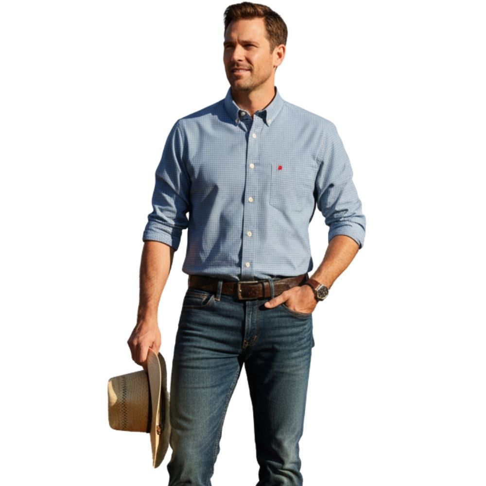 Camisa Masculina Aurochs Manga Longa Xadrez Pequeno Azul Jeans/Branco Bordado Bordô Ref: 051