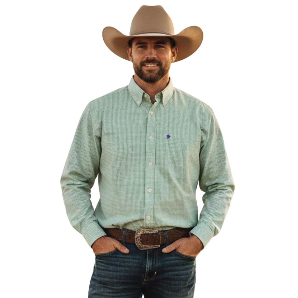 Camisa Masculina Aurochs Manga Longa Xadrez Pequeno Verde/Lilás Bordado Roxo Ref: 061