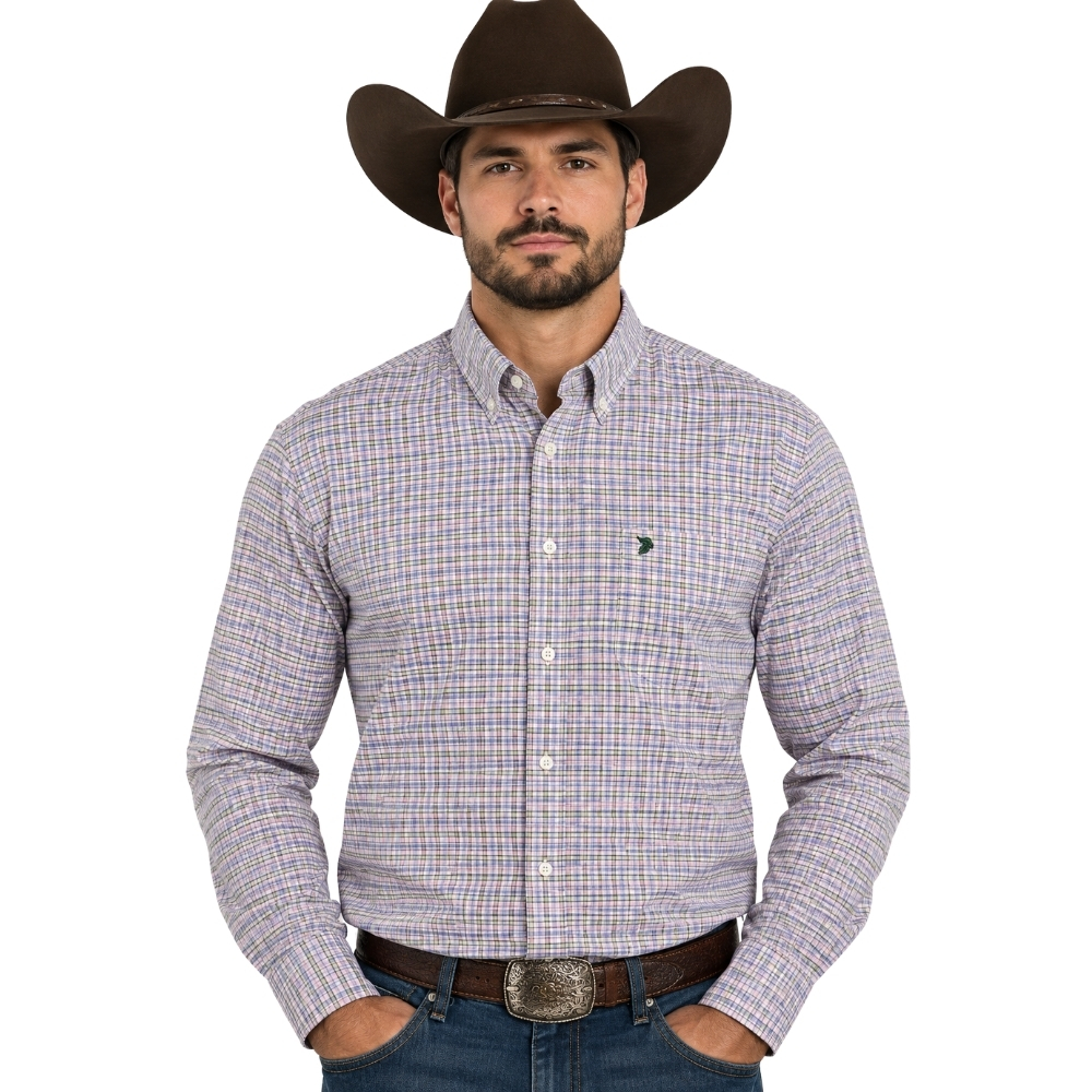 Camisa Masculina Aurochs Manga Longa Xadrez Rosa/Lilás Logo Verde Escuro REF:058
