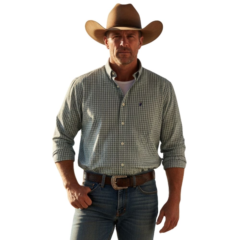 Camisa Masculina Aurochs Manga Longa Xadrez Verde Claro Bolso Bordado Marinho Ref: 054