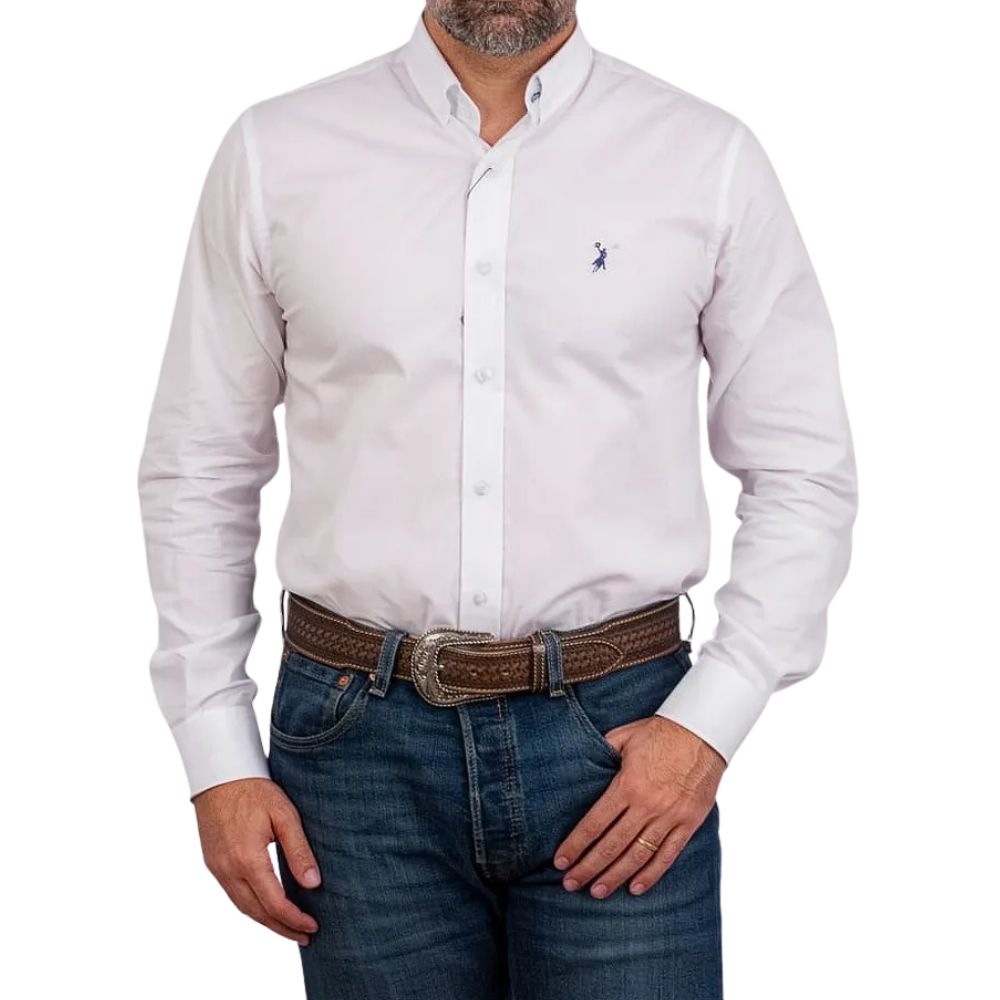 Camisa Masculina Austin Western Manga Longa Branco Lisa Com Logo Bordado Azul Marinho Ref:13405