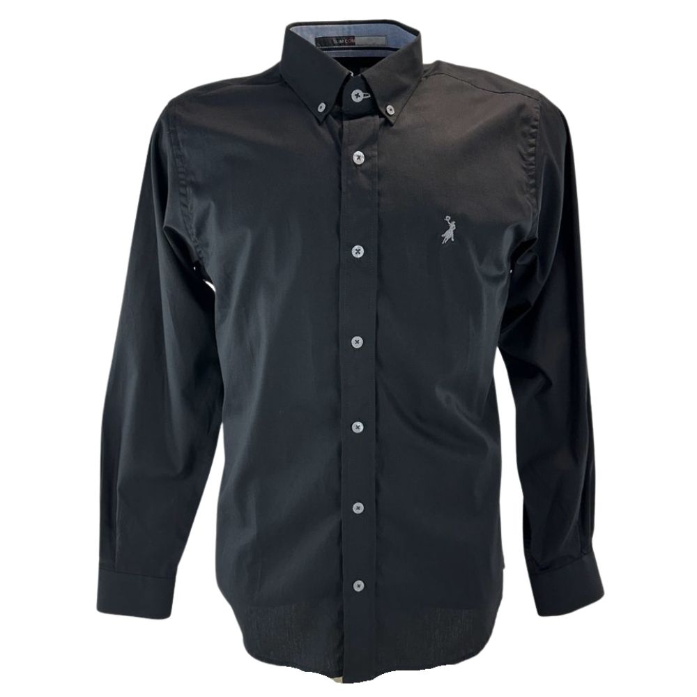 Camisa Masculina Austin Western Manga Longa Preto Lisa Com Logo Bordado Cinza Claro Ref:13405