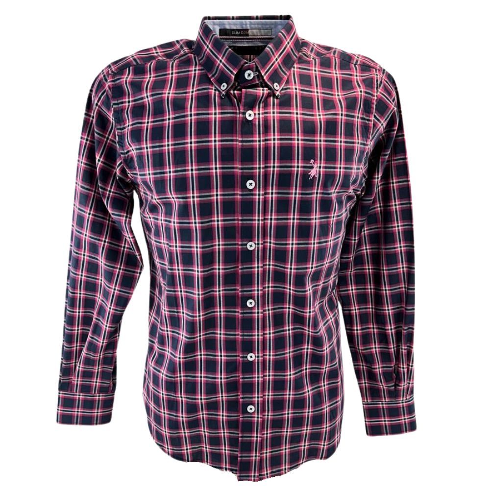 Camisa Masculina Austin Western Manga Longa Xadrez Azul Marinho Rosa E Branco Com Logo Bordado Rosa Claro Ref:13406