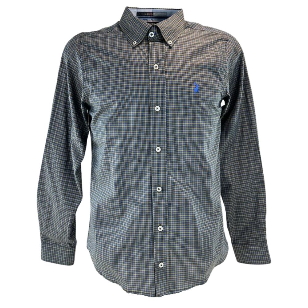 Camisa Masculina Austin Western Manga Longa Xadrez Mini Verde Musgo Azul/Cinza Logo Azul Royal Ref:13406
