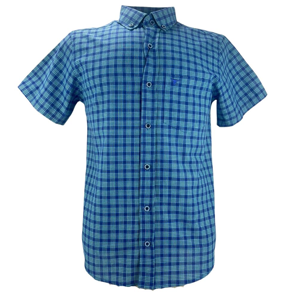 Camisa Masculina Laço Forte Manga Curta Slim Xadrez Azul E Verde Ref:M.C.S.X.9205