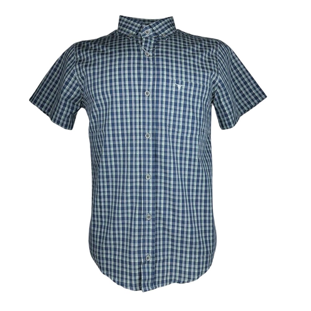 Camisa Masculina Laço Forte Manga Curta Slim Xadrez Azul/Verde Claro/Branco Bolso Bordado Logo Cinza REF: M.C.S.X.9205