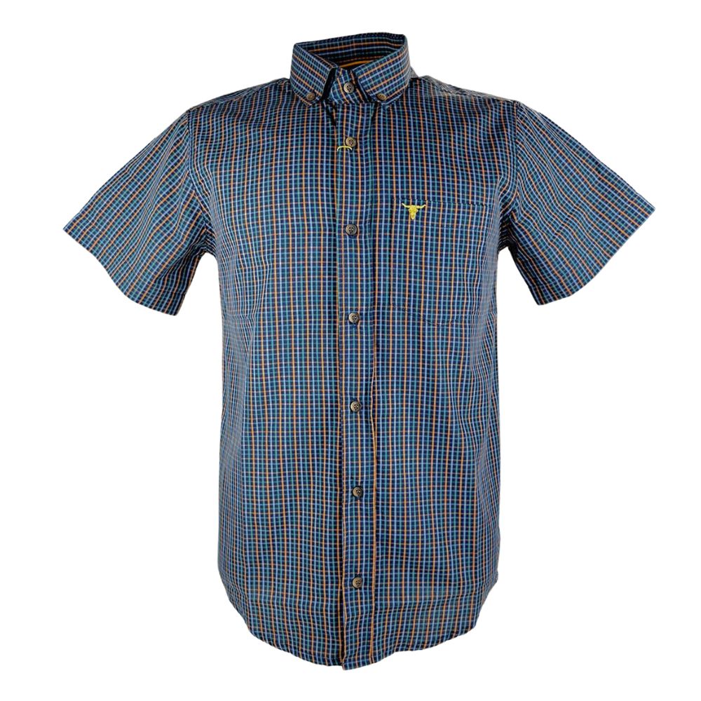 Camisa Masculina Laço Forte Manga Curta Slim Xadrez Azul/Verde/ Laranja Com Bolso Bordado Logo Laranja REF: M.C.S.X.9205