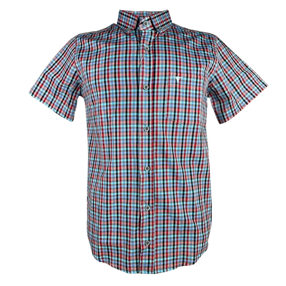 Camisa Masculina Laço Forte Manga Curta Xadrez Azul Claro/Vermelho/Preto Com Azul Claro Ref:M.C.S.X.9205
