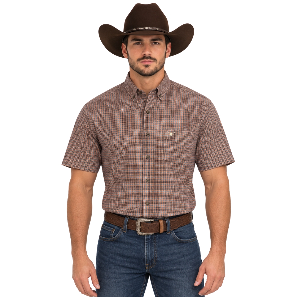 Camisa Masculina Laço Forte Manga Curta Xadrez Laranja Logo Bege Ref:92051