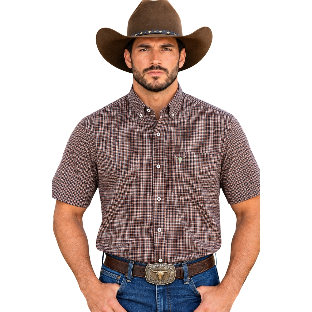 Camisa Masculina Laço Forte Manga Curta Xadrez Pequeno Laranja Logo Bege REF:92051