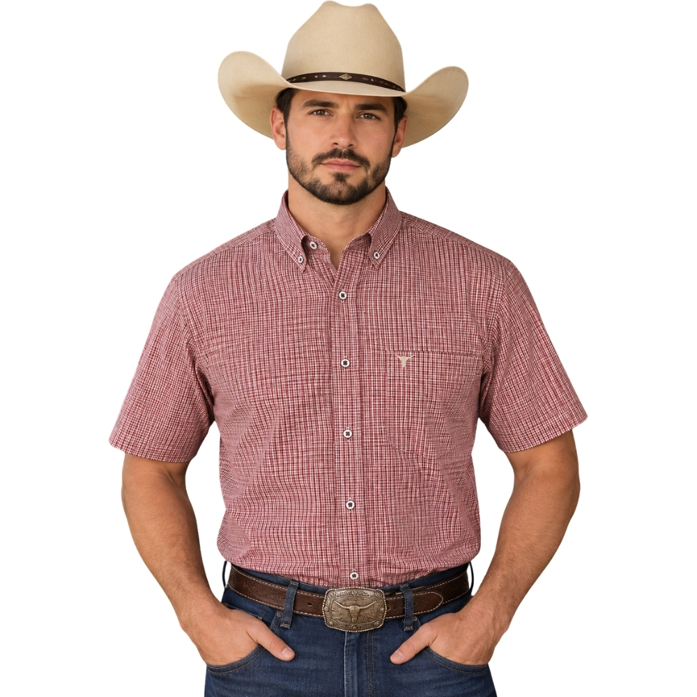 Camisa Masculina Laço Forte Manga Curta Xadrez Pequeno Vermelho Logo Bege REF:92051