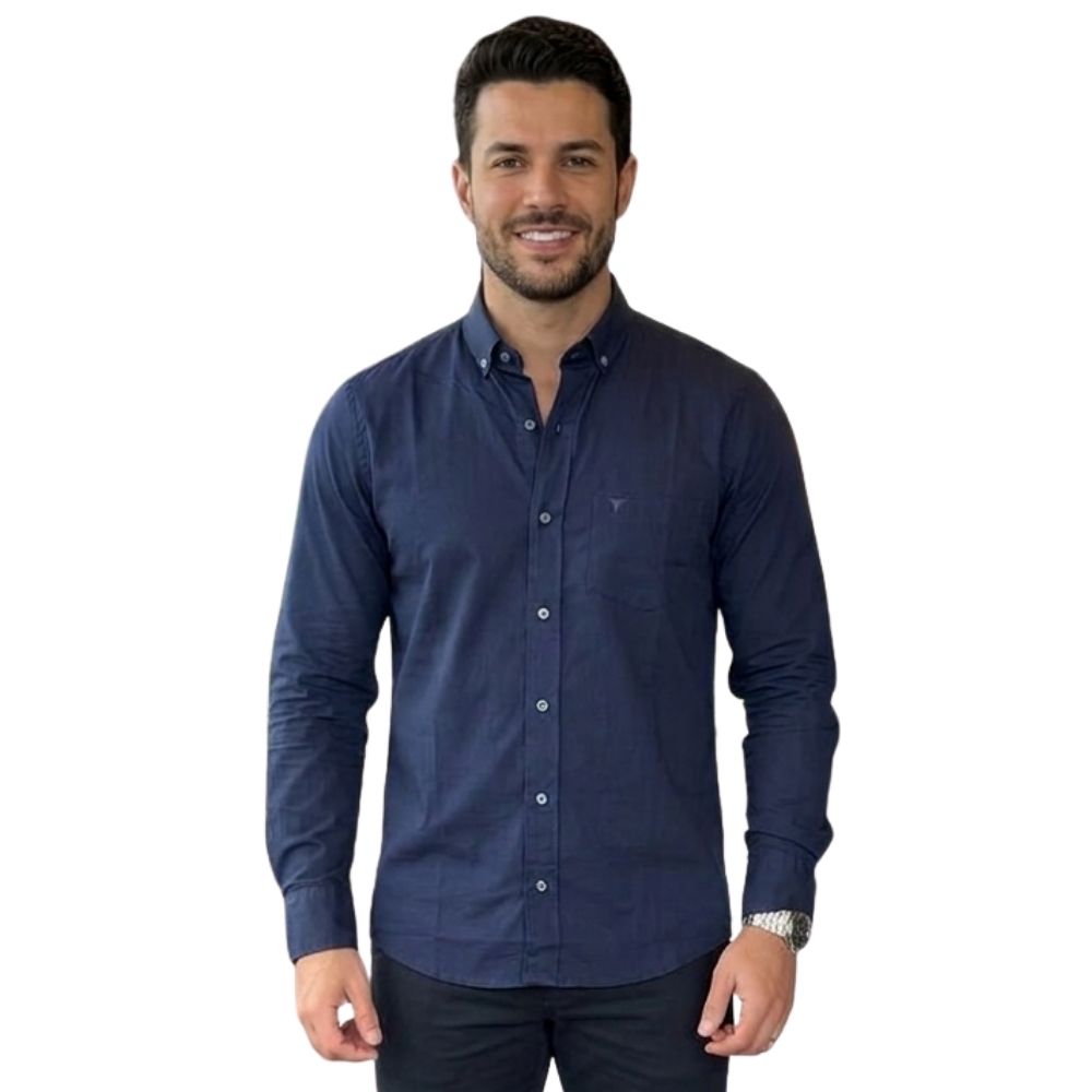 Camisa Masculina Laço Forte Manga Longa Azul Marinho Liso Logo Azul Marinho Ref: 31631