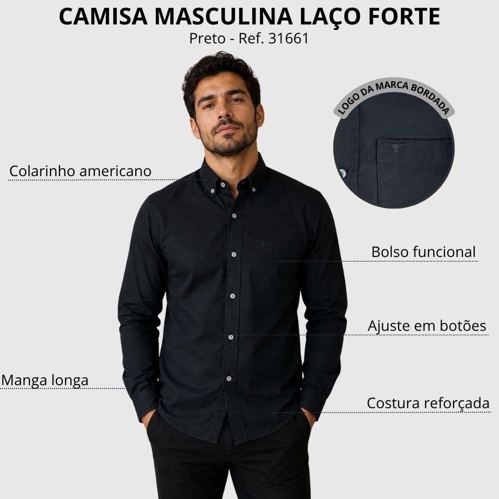 Camisa Masculina Laço Forte Manga Longa Preto Liso Logo Preto Ref