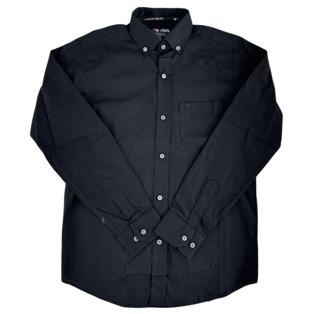 Camisa Masculina Laço Forte Manga Longa Preto Liso Logo Preto Ref