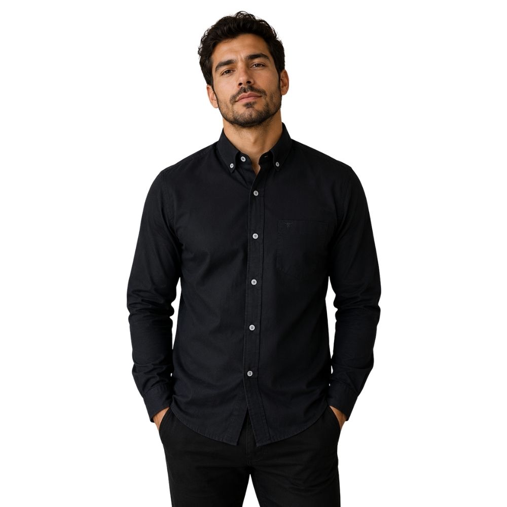 Camisa Masculina Laço Forte Manga Longa Preto Liso Logo Preto Ref: 31661